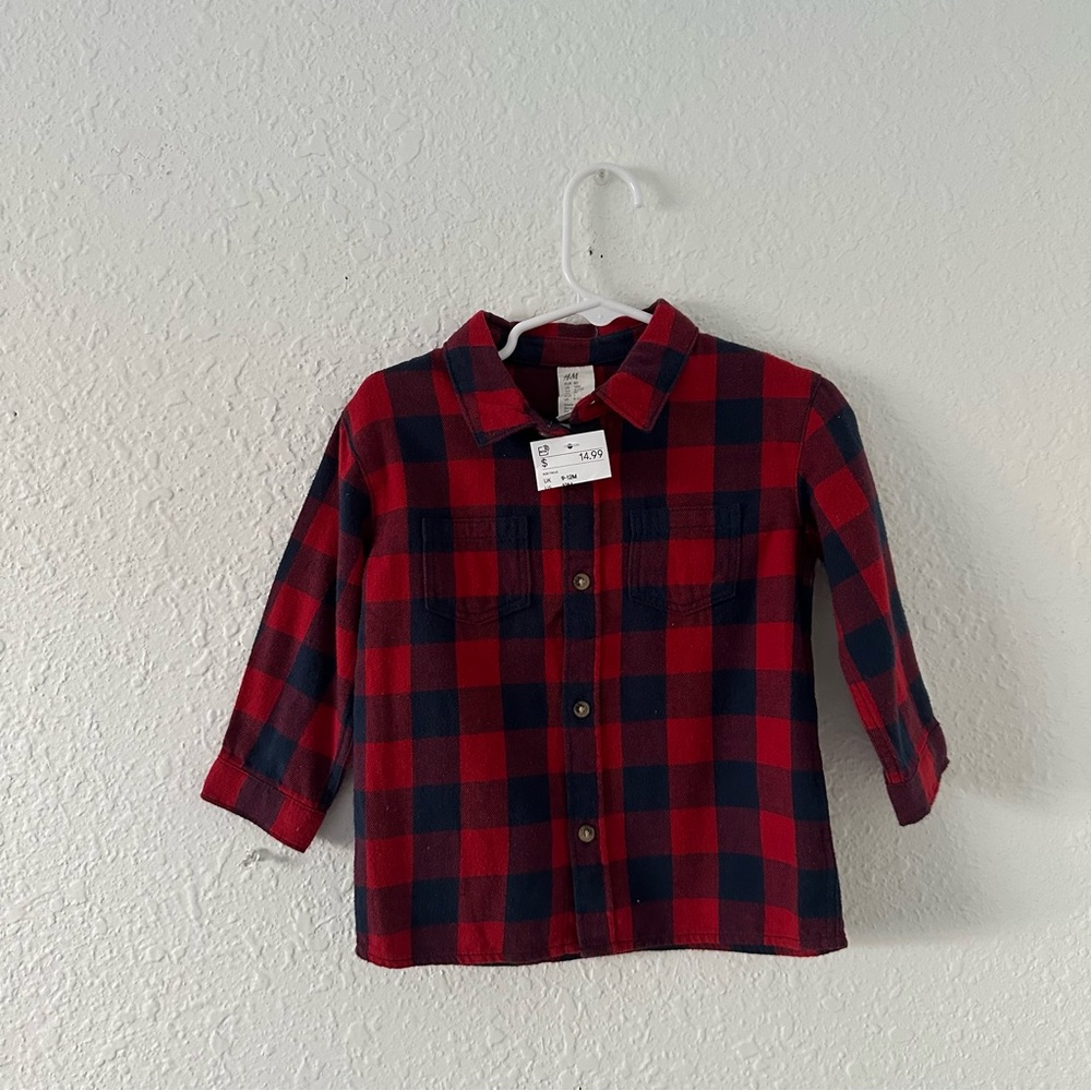 NEW! H&M Navy & Red Flannel Button Up Boys Size 12 Months